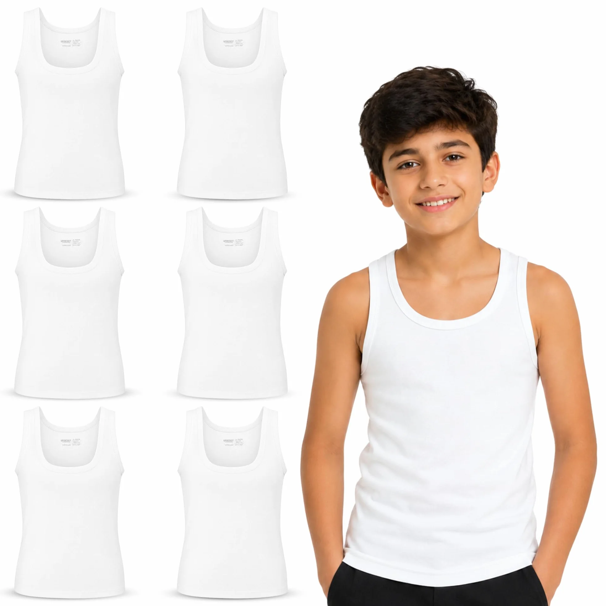 Confezione da 6 canottiere da ragazzo – Classico a costine sottili in 100% cotone pettinato, per scuola, sport, tutti i giorni