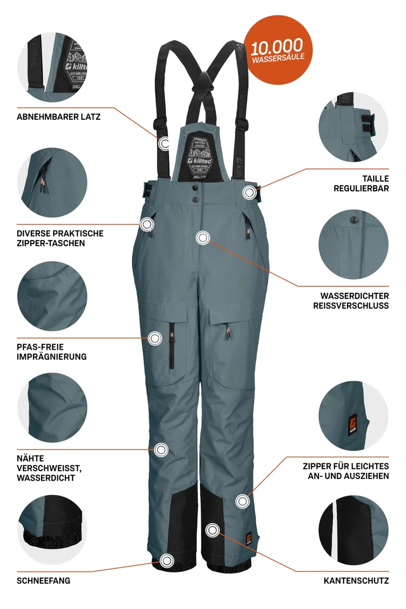 Killtec - Ksw 204 Bys Ski Pnts, Pantaloni da Sci/Funzionali con Pettorina con Zip, paraneve e Protezione Bordi Bambini e Ragazzi