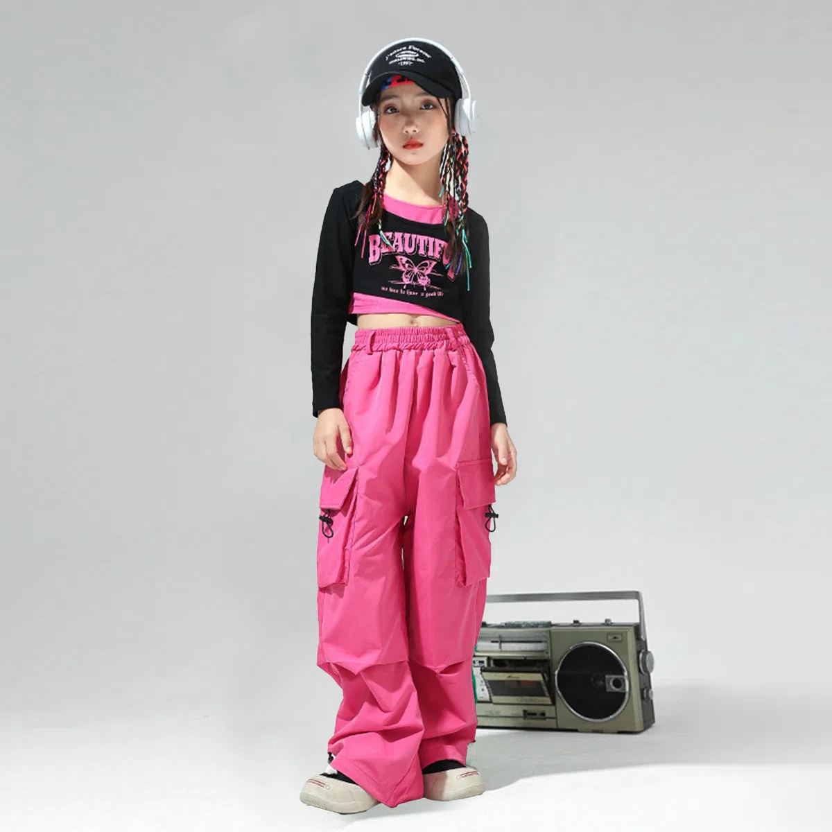 LOLANTA Ragazze Hip Hop Outfit, Top Corto Stampato & Pantaloni Cargo Dance Set, Streetwear alla Moda, 6-13 Anni