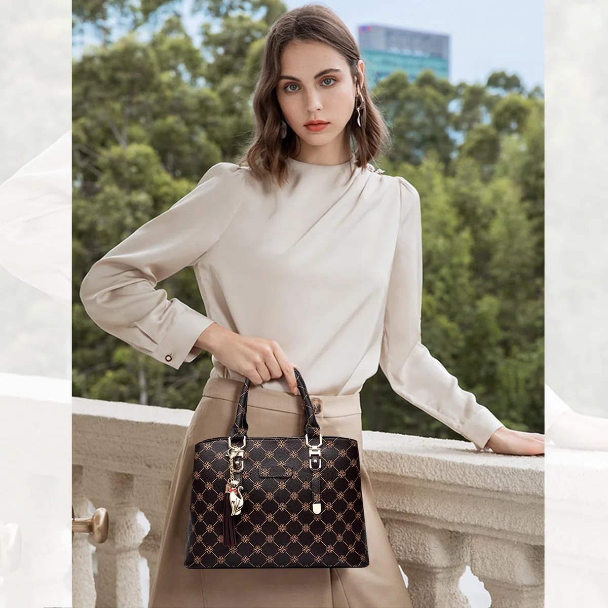 NICOLE & DORIS Borsa Mano Donna Borsa a Tracolla Borsa Donna Elegante Borse Tote Media Borse a Spalla in PU Pelle Borsetta da Giorno con Ciondolo Beige con Marrone