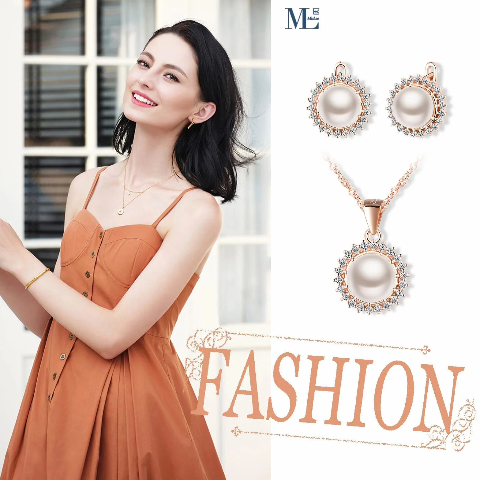 MicLee Collane ciondoli e orecchini di perle per donna: Parure di gioielli in argento 925 - Collana e orecchini stile girasole con zirconi - Gioielli da sposa eleganti - Gioielli per feste
