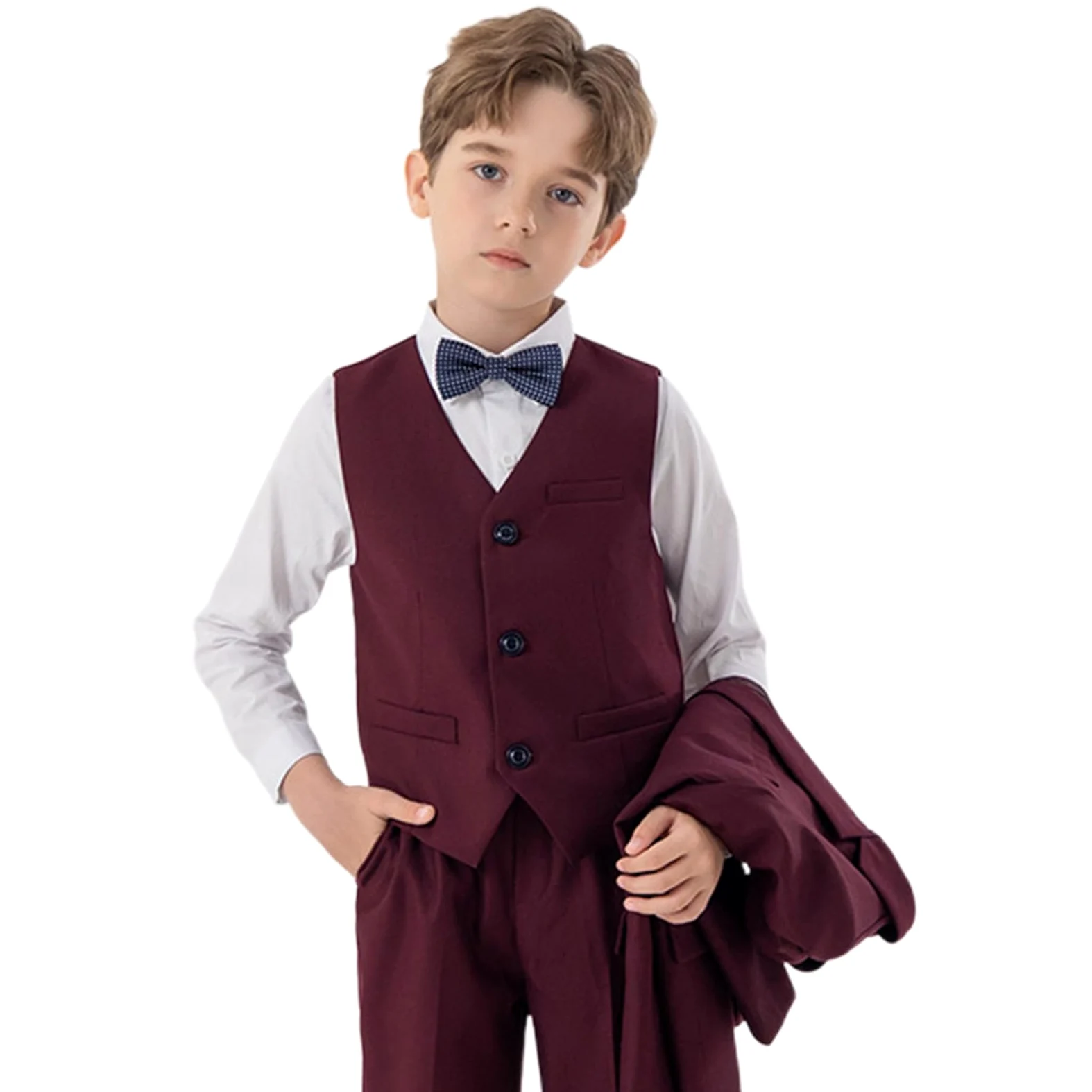 Completo Elegante Bambino Ragazzo 2-11 Anni 4 Pezzi con Blazer, Gilet,Papillon e Pantaloni Smoking Cerimonia Eleganti Prima Comunione Bambino Slim Fit Formale per Matrimoni e Occasioni Speciali,