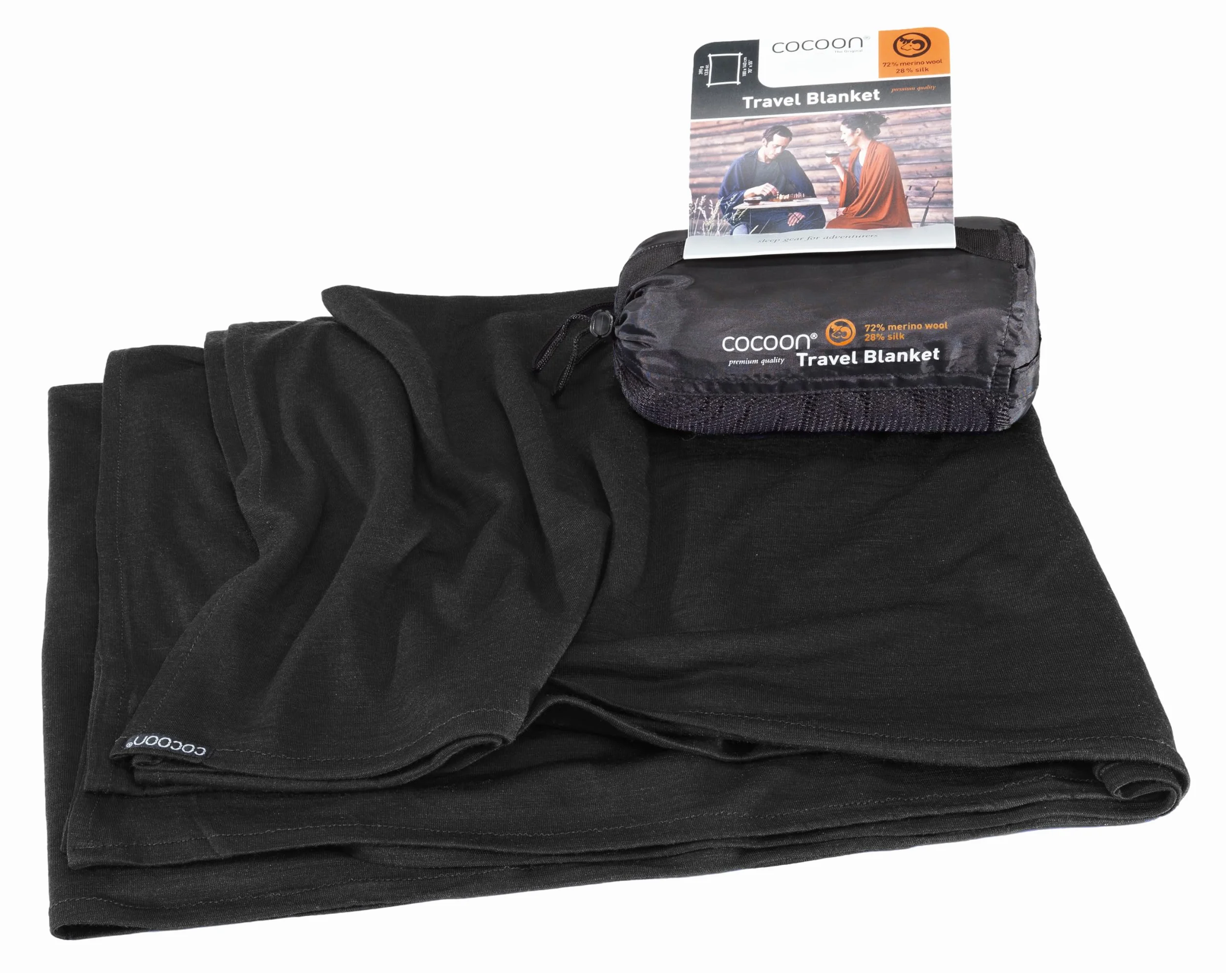 COCOON - Coperta da viaggio in lana merino/seta - accogliente, morbida, calda, leggera, regolazione della temperatura (regolare 177,8 x 139,7 cm - Nero)