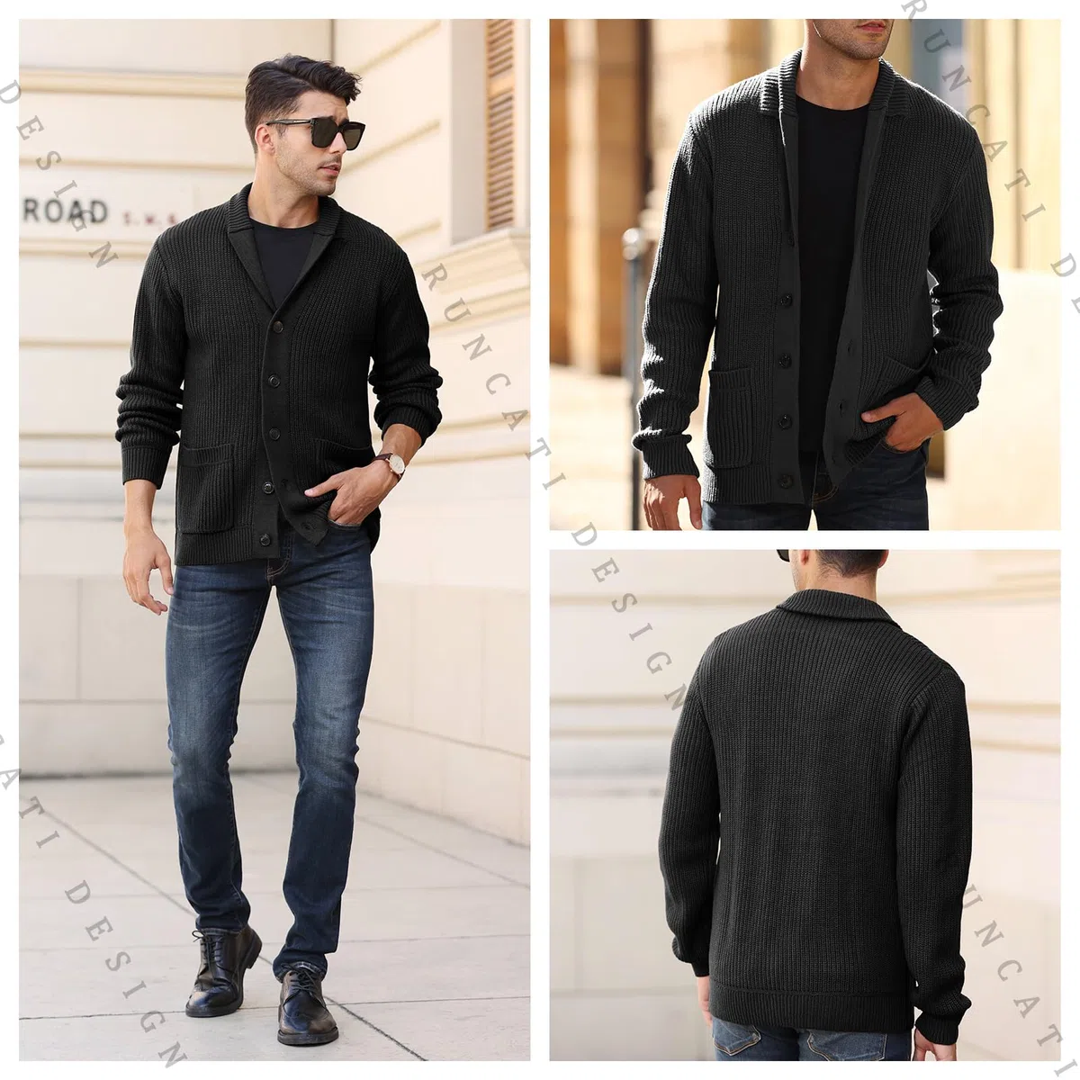 Runcati Cardigan da uomo a maglia grossa, casual, collo sciallato, a maniche lunghe, abbottonatura