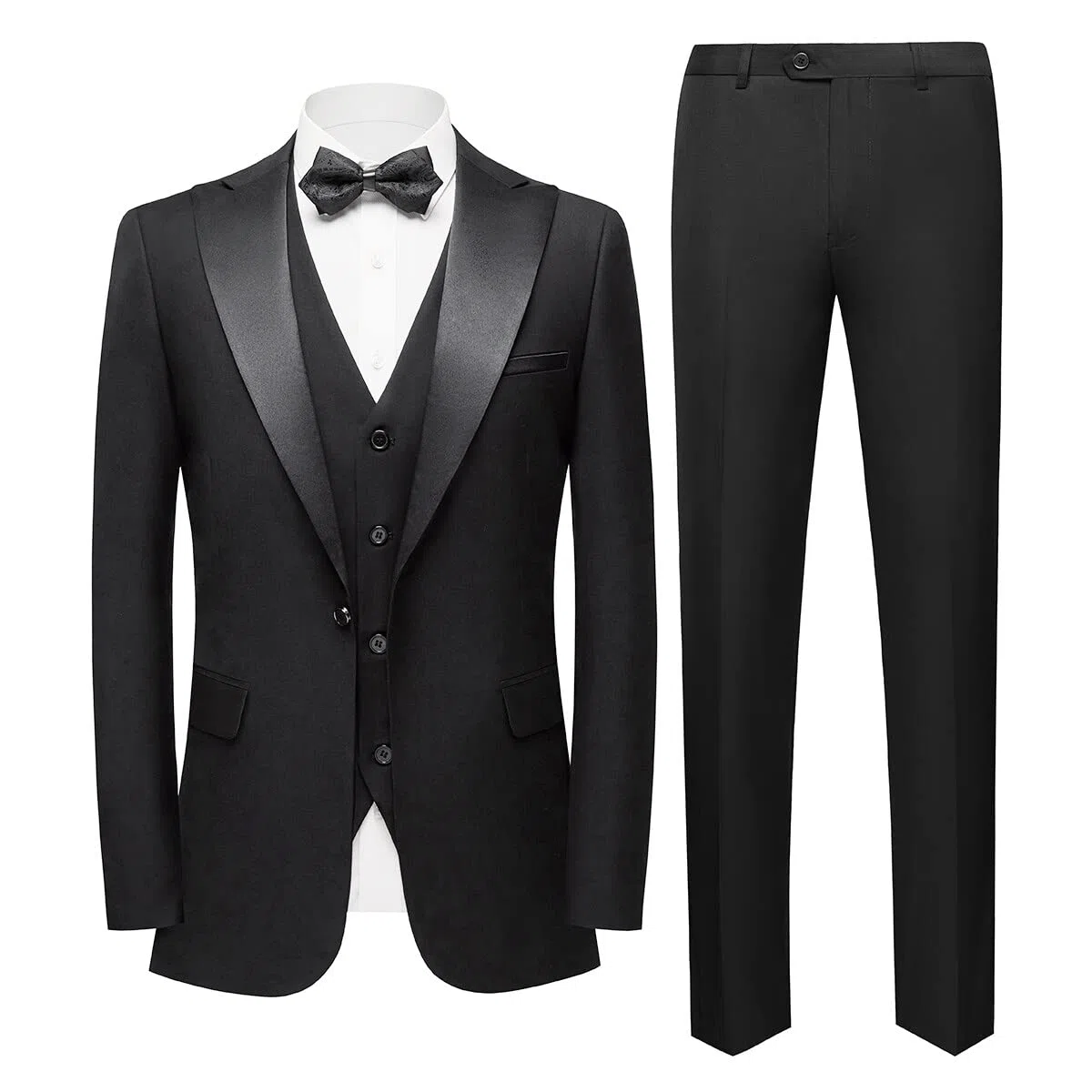 YOUTHUP Abito da Uomo Slim Fit a 3 Pezzi con Risvolto a Scialle Elegante Giacca da Smoking da Sposa con Gilet,Nero,L