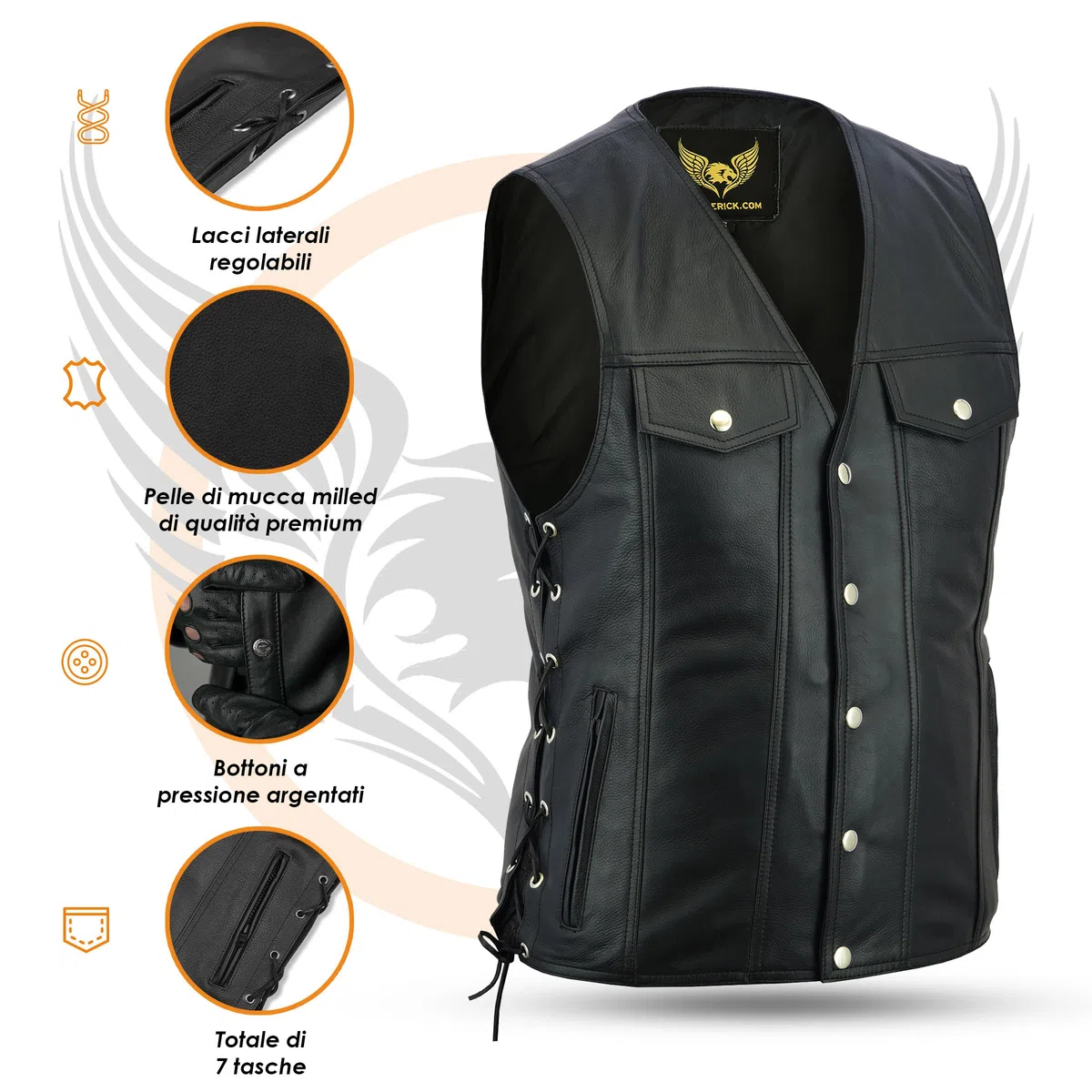 Leatherick Gilet da motociclista unisex, in vera pelle, con lacci laterali e bottoni cromati, stile denim