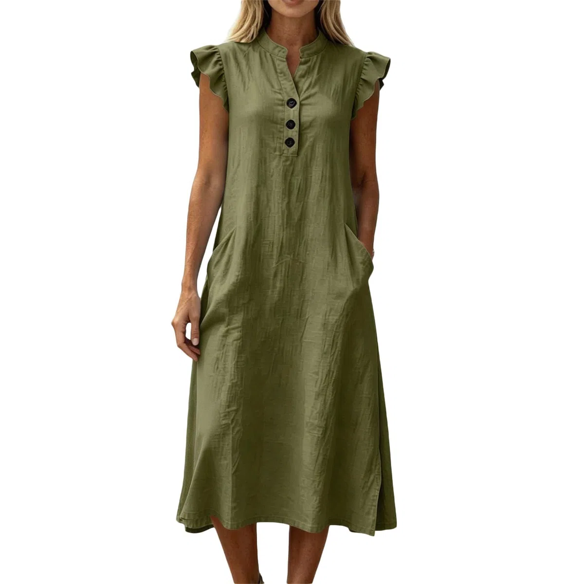 Vestito Cotone Donna Estivo - Abito Lungo Scollo a V Casual Vestiti Senza Maniche Volant Abiti Lunghi Cotton Comodo Floreale Vuoto Jacquard Da Spiaggia Con Tasche Per Mare E Vacanze Estive Tutti