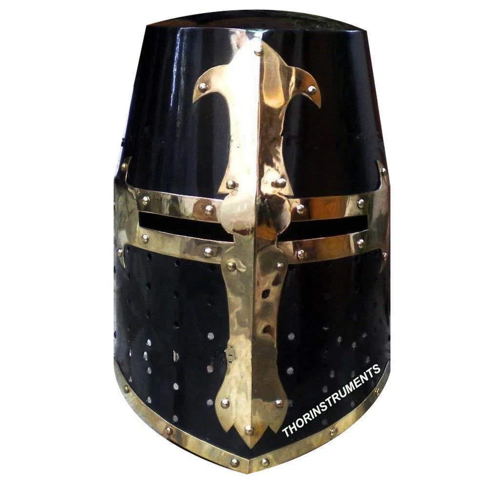 Nautical Replica Hub - Casco Medievale da Cavaliere Templare di Halloween, Finitura Nera in Acciaio Calibro 18 con Accenti in Ottone, Taglia Standard per Adulti
