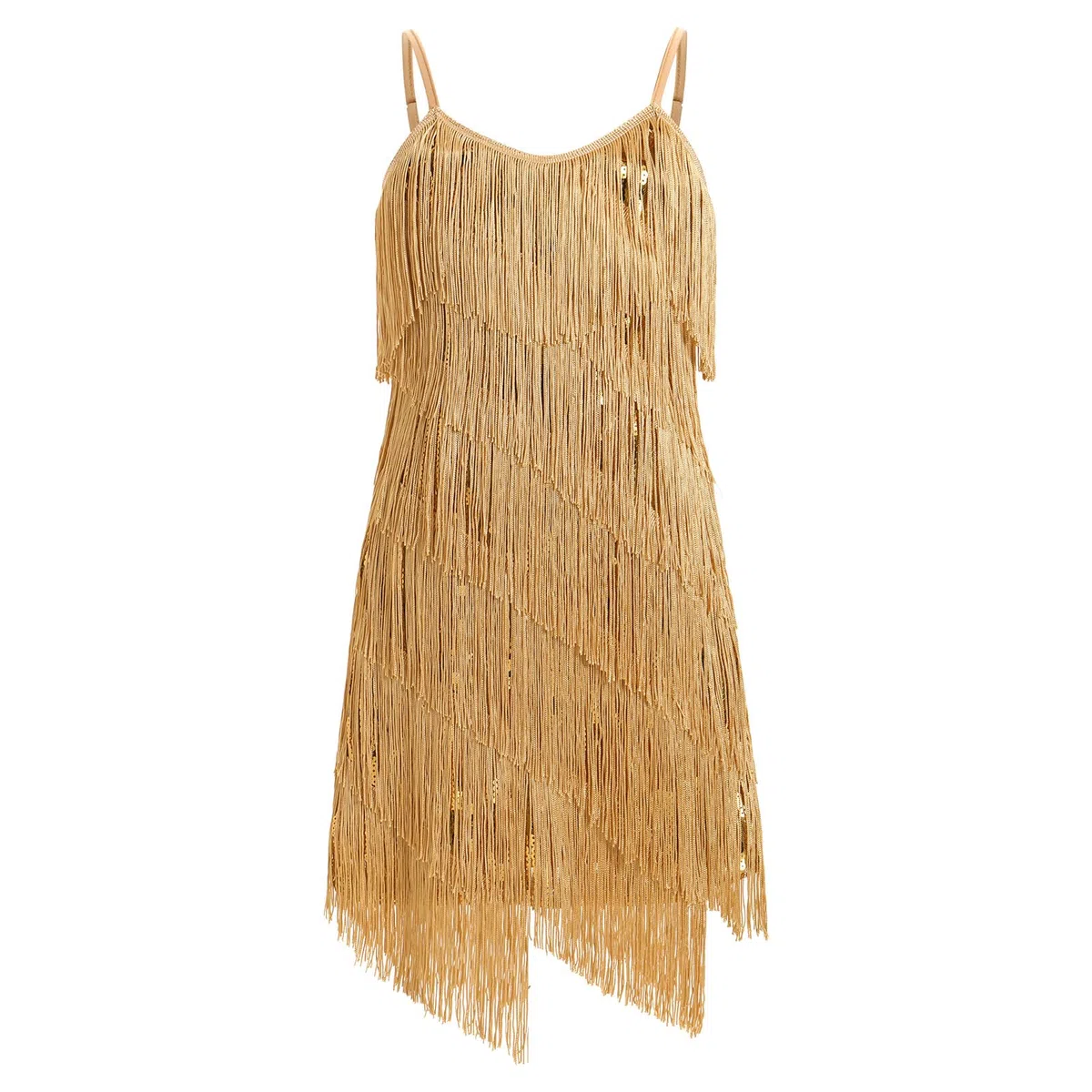 OMEWEE Vestito da bambina con paillettes nappa, abito latino, senza maniche, con spalline sottili, frange, con brillantini, ballroom, feste, balletto, rumba samba cha cha, jazz