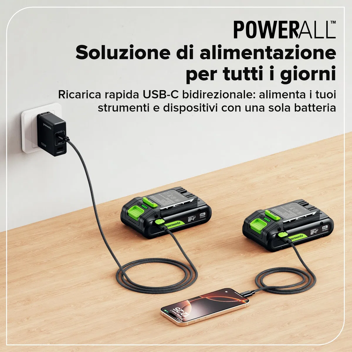 Greenworks 24V 2,0 Ah Batteria con Porta USB-C Ricaricabile agli Ioni di Litio ad Alte Prestazioni Compatibile con Tutti gli Oltre 200 Utensili Greenworks da 24V,Garanzia di 2 Anni - PA200