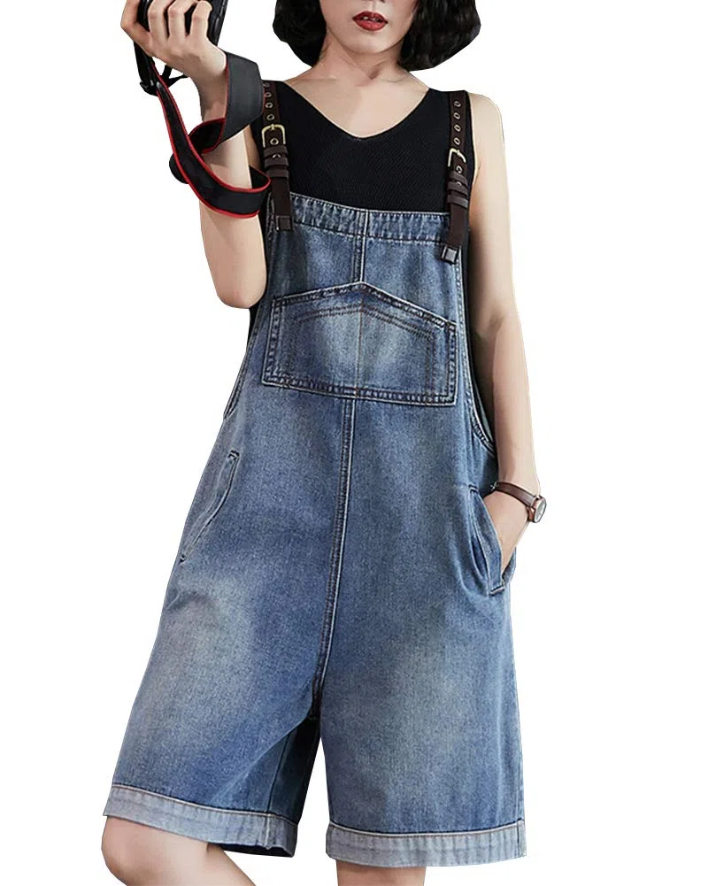 Salopette Donna Jeans Corta Gambe Larghe Pantaloncini Dungarees Denim Overall Jumpsuit con Tasche