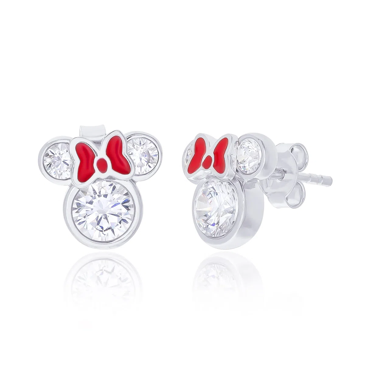 Disney Orecchini da donna Minnie Mouse, in argento Sterling con zirconi cubici e fiocco smaltato rosso