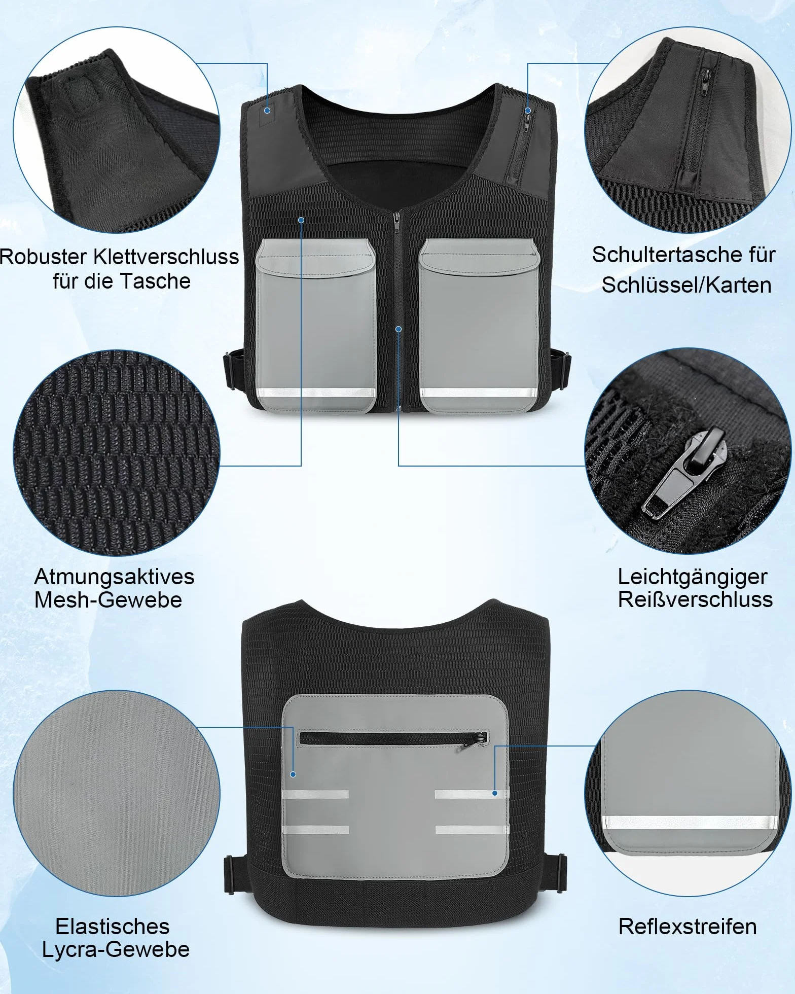 FERNIDA Giubbotto refrigerante regolabile unisex riflettente con sacchetti di ghiaccio per pesca, ciclismo, corsa, giardinaggio, costruzione, tempo di raffreddamento lungo