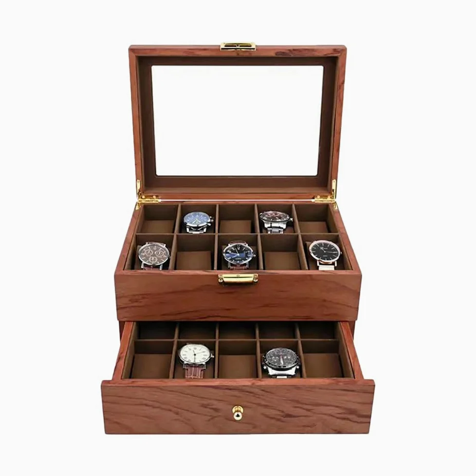 Scatola per orologi in legno massello, scatola per orologi da uomo/donna, con coperchio in vetro, 20 scomparti 2 piani