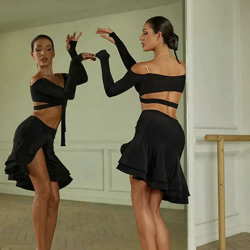 JJDFW - Costume da ballo latino con spalle scoperte, top con volant, per danza latina, abbigliamento da performance per samba e tango, set da donna