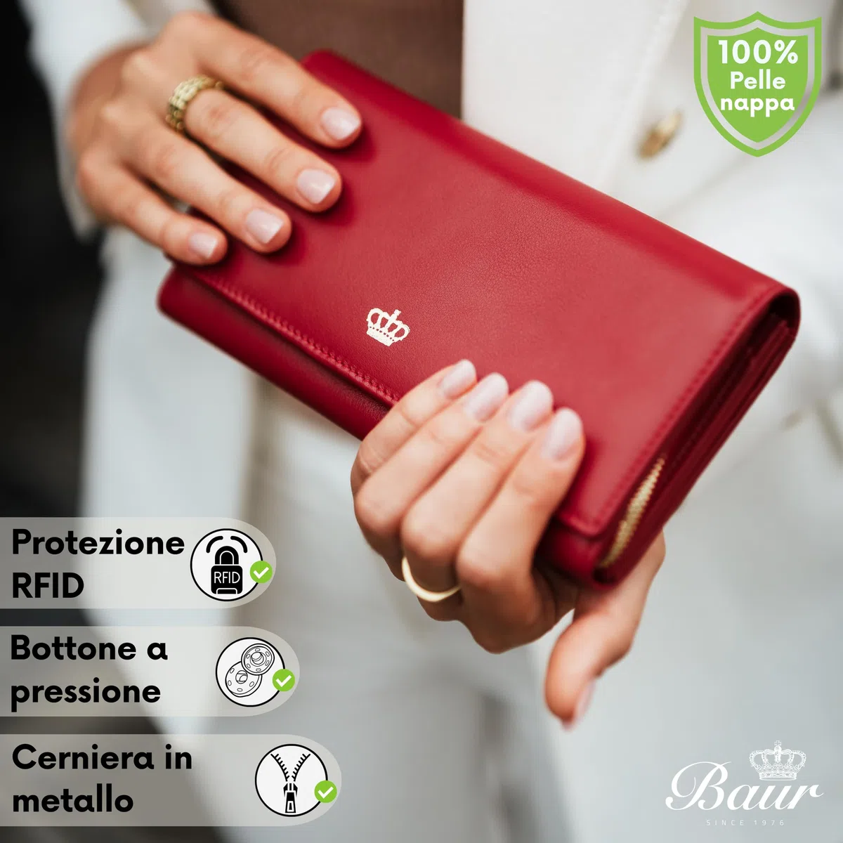 Baur portafoglio da donna – vera pelle nappa con protezione RFID – portafoglio grande con 18 scomparti carte e scomparto monete con cerniera metallica – tutto in pelle (Design oro, Rosso)