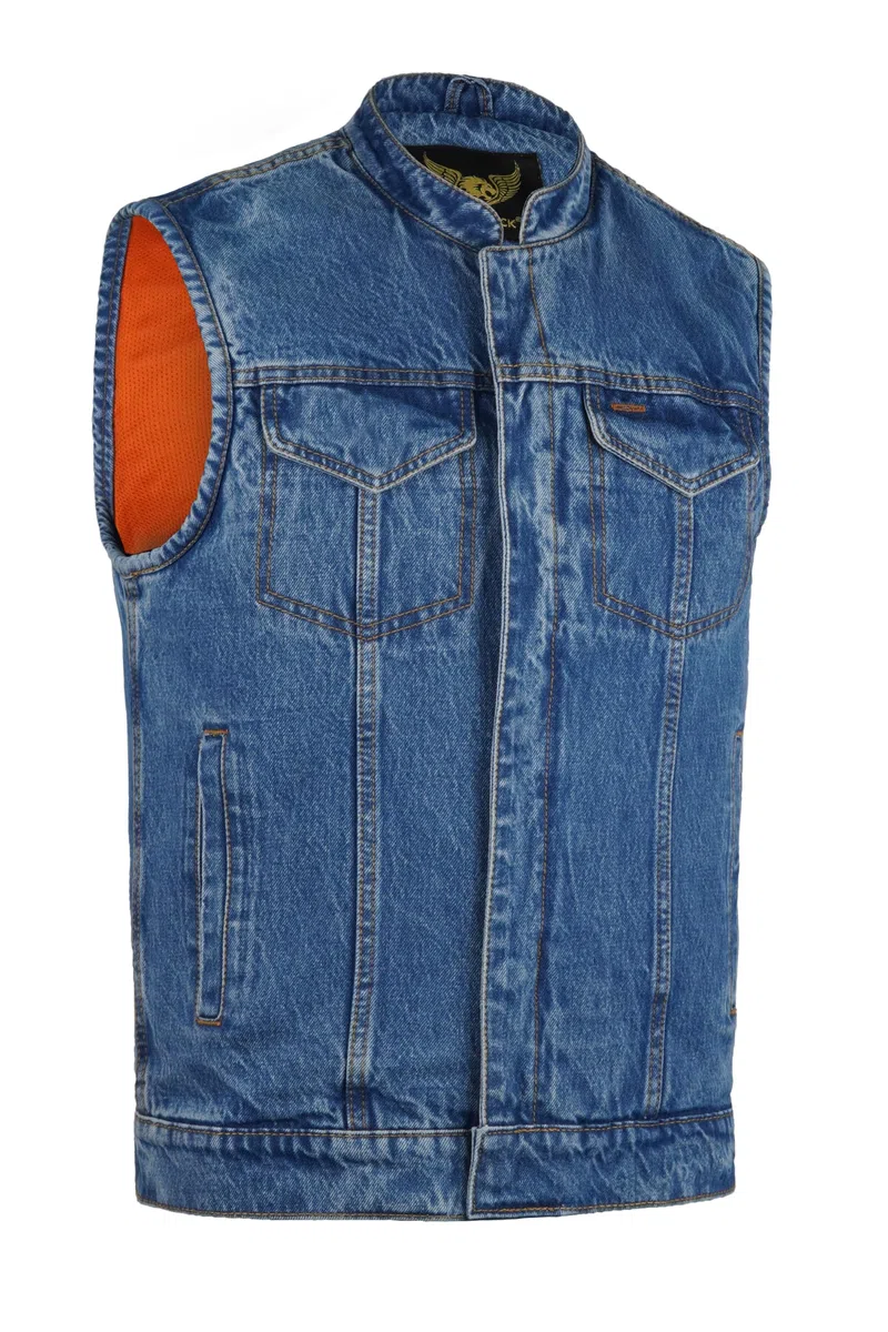 Leatherick Gilet da motociclista da uomo in denim pesante con interno traspirante, gilet da motociclista a doppia chiusura con tasche per il trasporto nascoste (IT, Testo, 3XL, Regular, Regular, Blu)