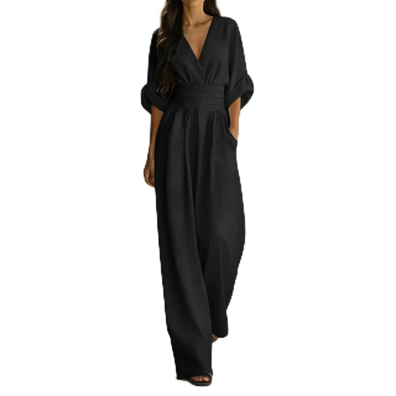 Generico Elegant V Neck Jumpsuit for Summer with Waist Tying Belt Casual Romper