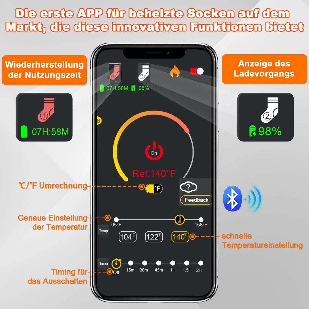 Calze Riscaldate a Batteria 6000mAH Calzini Scaldapiedi Con controllo dell'app, USB Riscaldati Scaldapiedi Elettrico Calze Design del calore in punta di piedi Termiche per Sci, Pattinaggio,Escursioni
