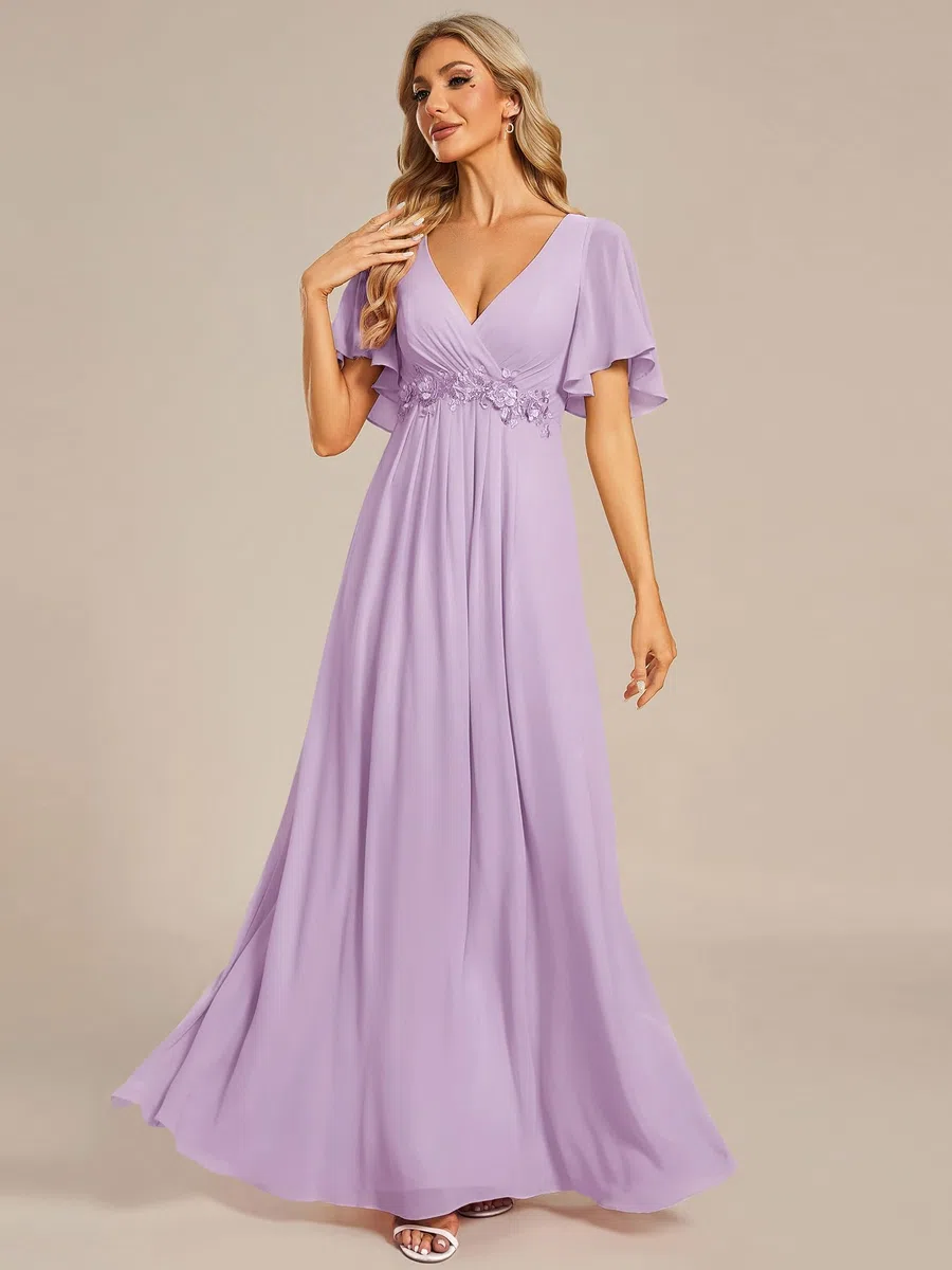 Ever-Pretty Abito T Meno di Nozze Lungo Appliqu Scollo a V Manica Corta Chic EE01960