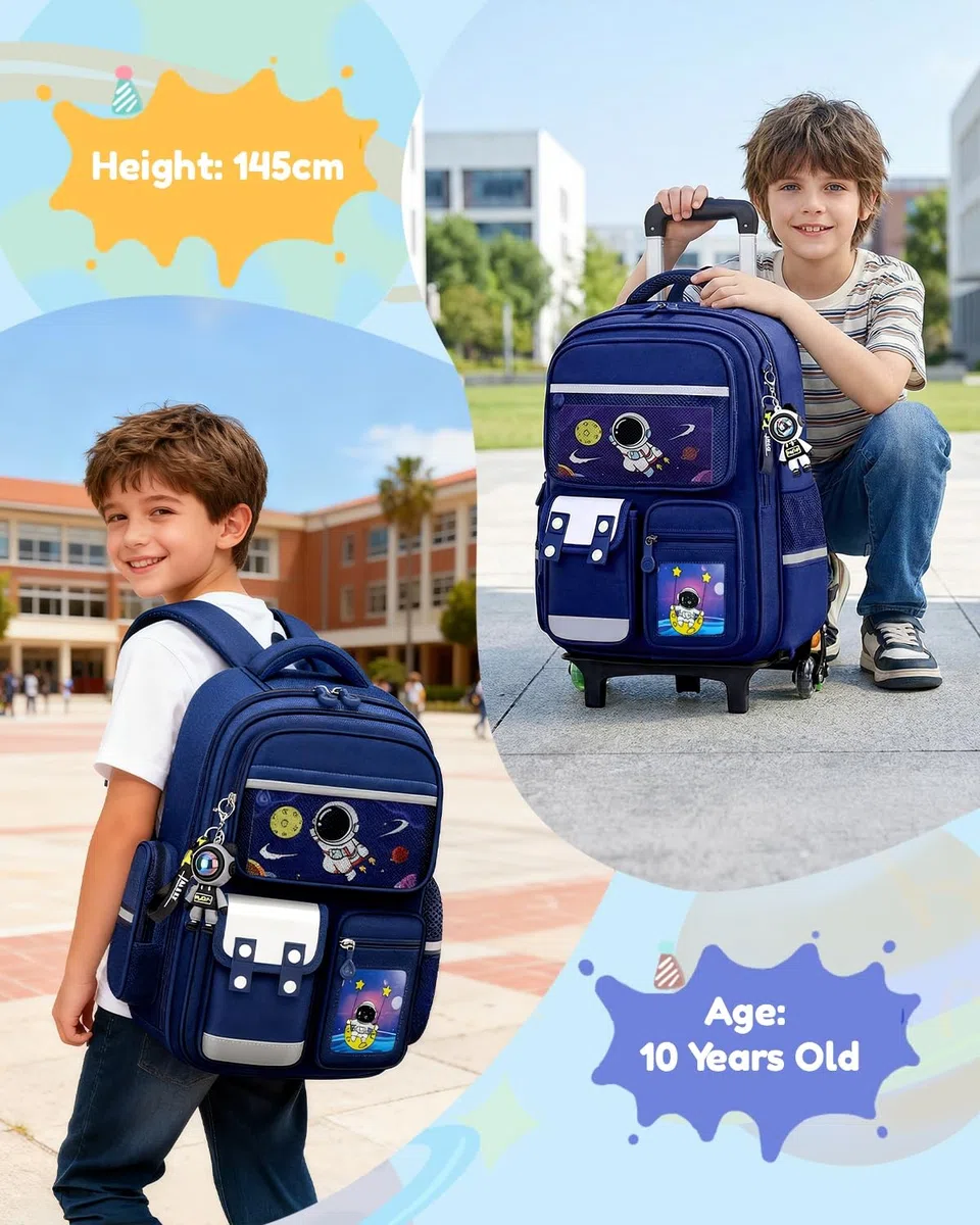 Amythe Zaino Trolley per Ragazzi 6-10 Anni, Zaino Bambino Scuola Elementare 20L con Carrello Rimovibile 6 Ruote, 20L Zaini Elementari con Rotelle per Bambini, Blu