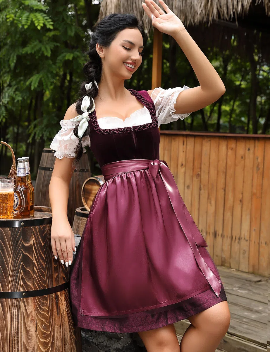 KOJOON Dirndl da Donna 3 Pezzi Abito Tradizionale Midi Dirndl Corto in Velluto alla Moda per Le Occasioni Speciali dell'Oktoberfest 34-48