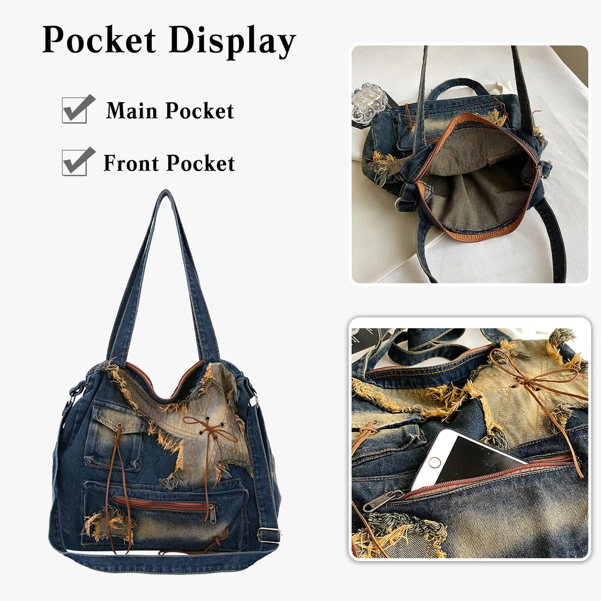 CORIOS Borsa a Tracolla Donna in Denim Grande Capacità a Mano e Spalla in Jeans Casuale Tote Leggero Messenger Retro per la Spesa Blu