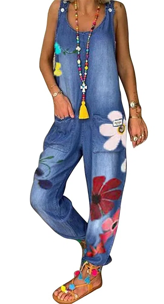 ORANDESIGNE Salopette Larghe da Donna Senza Maniche Boho Tuta Bretelle Pantaloni Estivi a Fiori retrò Salopette in Denim Pantaloni Lunghi a Gamba Larga Pantaloni con Bretelle