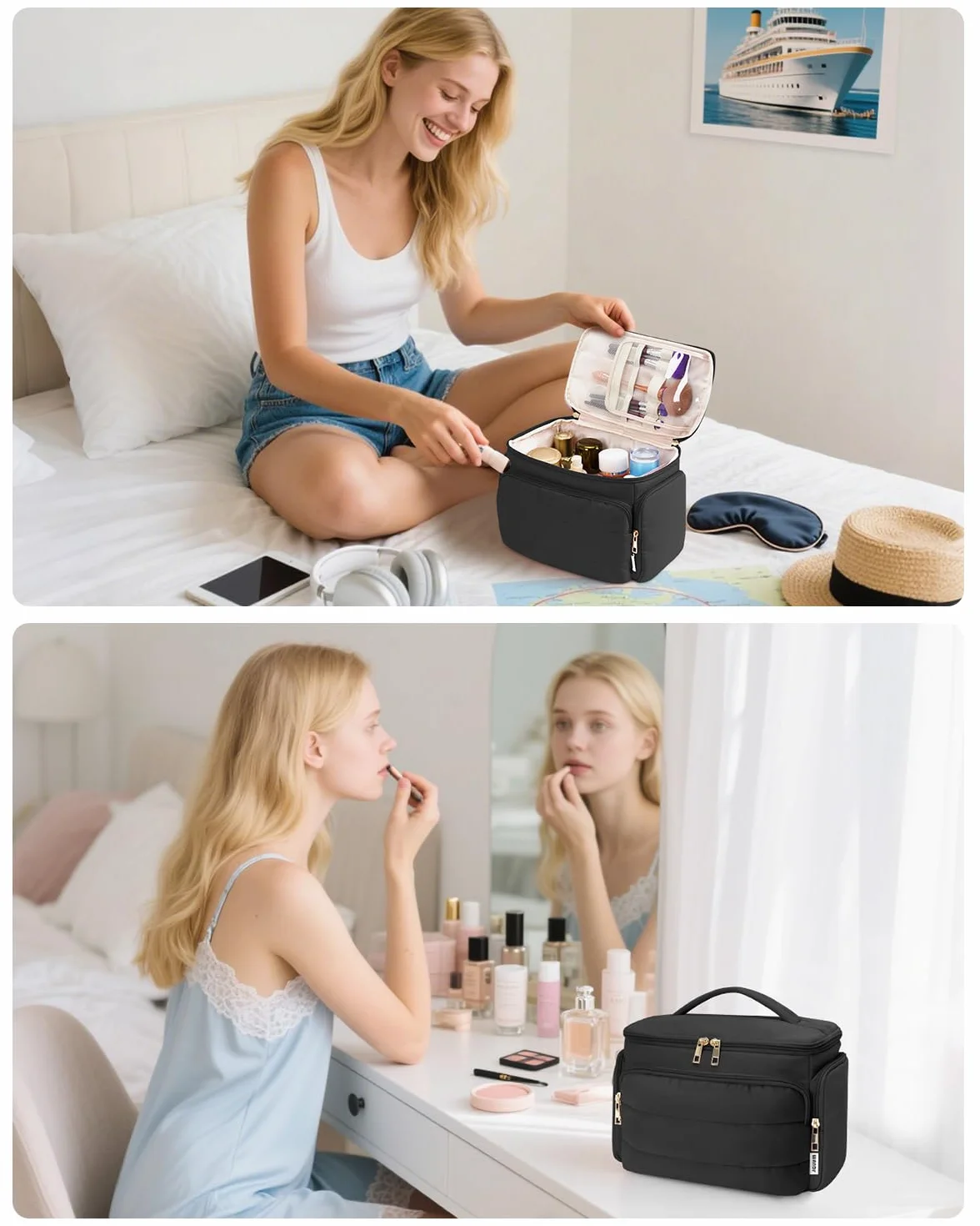 WANDF Beauty Case da Viaggio Donna, Grande Trousse Trucco a Larga Apertura con Maniglia, Organizer per Toiletries, Cosmetici, Accessori ed Essenziali da Viaggio, Nero