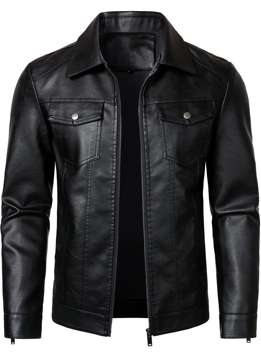 HOOD CREW Giacca da motociclista da uomo, in pelle, casual, leggera, in finta pelle