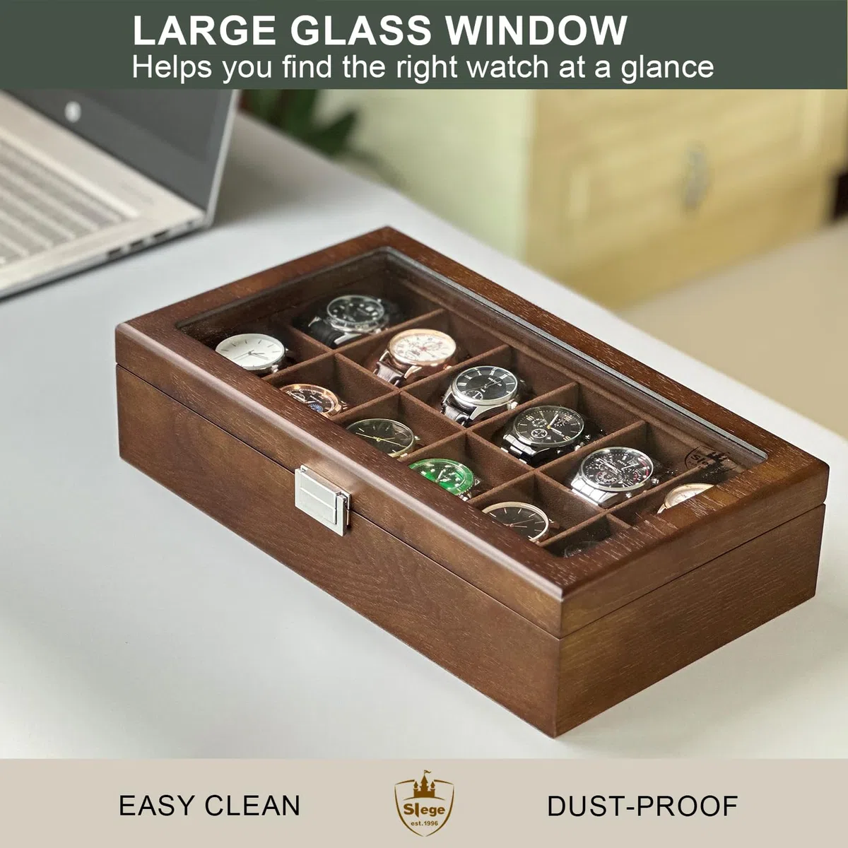 Slege porta orologi in Legno a 12 Posti,Scatola per orologi in Legno,Elegante Porta orologi uomo,Vetrina in Vetro Porta orologi per 12 orologi,Watch box per uomo Regalo (Marrone)