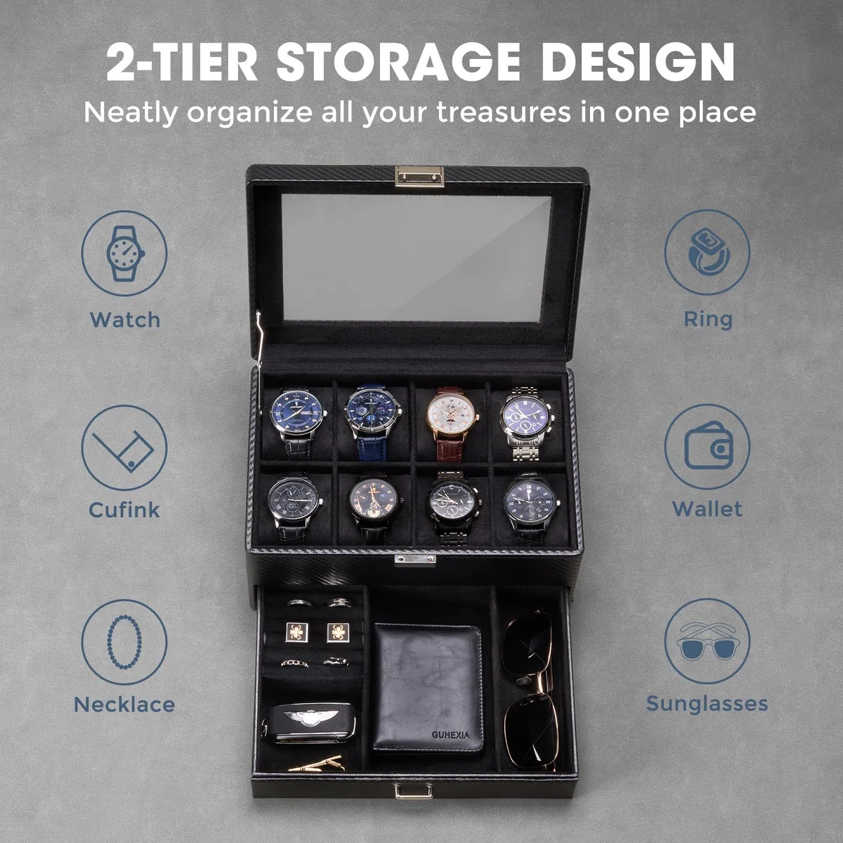 ProCase 8 Slot Scatola Orologio per Gli Uomini, Gioielli Organizzatore Scatola con Cassetto, Mostra Custodia con Coperchio di Vetro -Tutto Nero