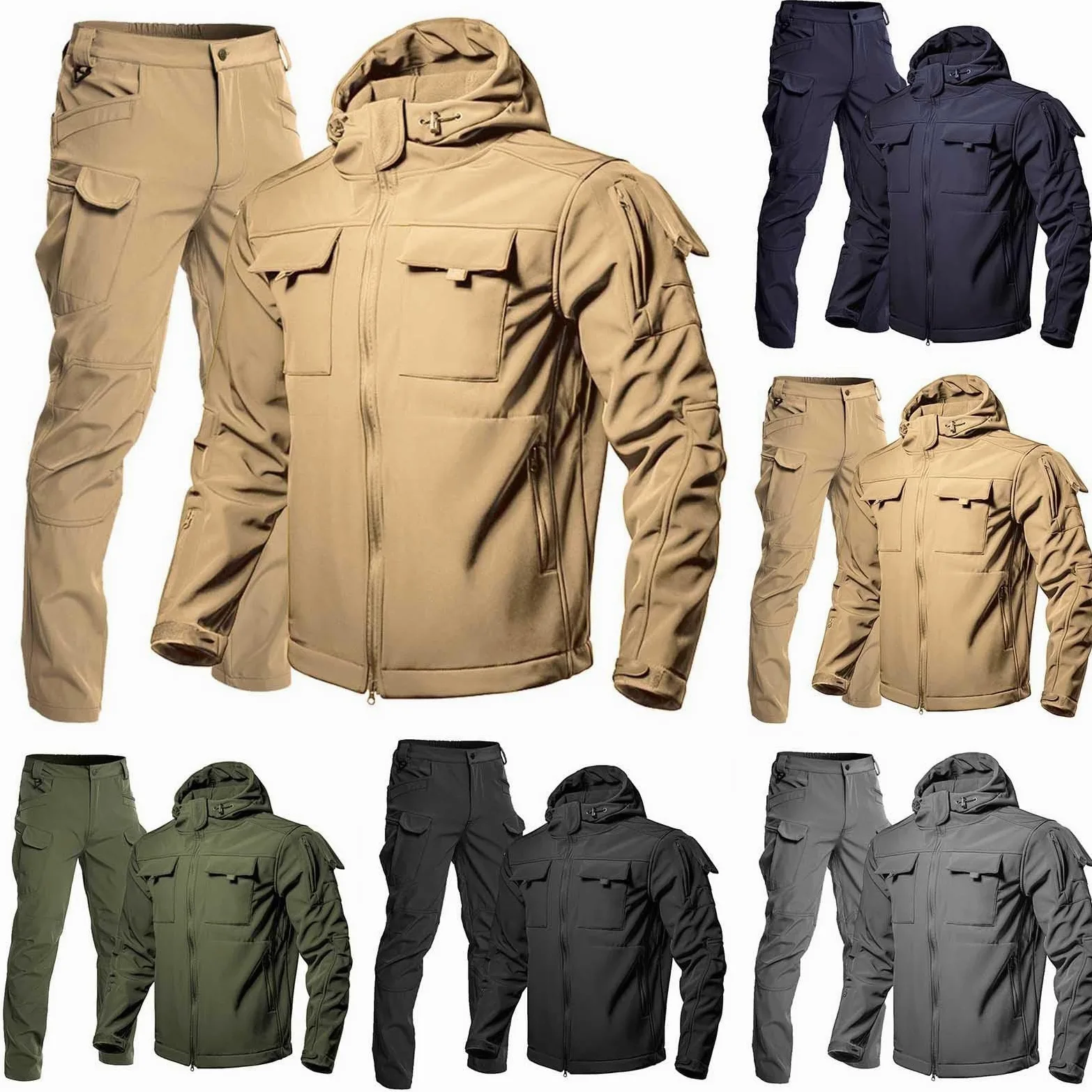 Tuta da sci da uomo, 2 pezzi, giacca tattica e pantaloni, 2 pezzi, cappotto da neve con cappuccio, per snowboard, da combattimento, comodo, antivento, per attività all'aria aperta
