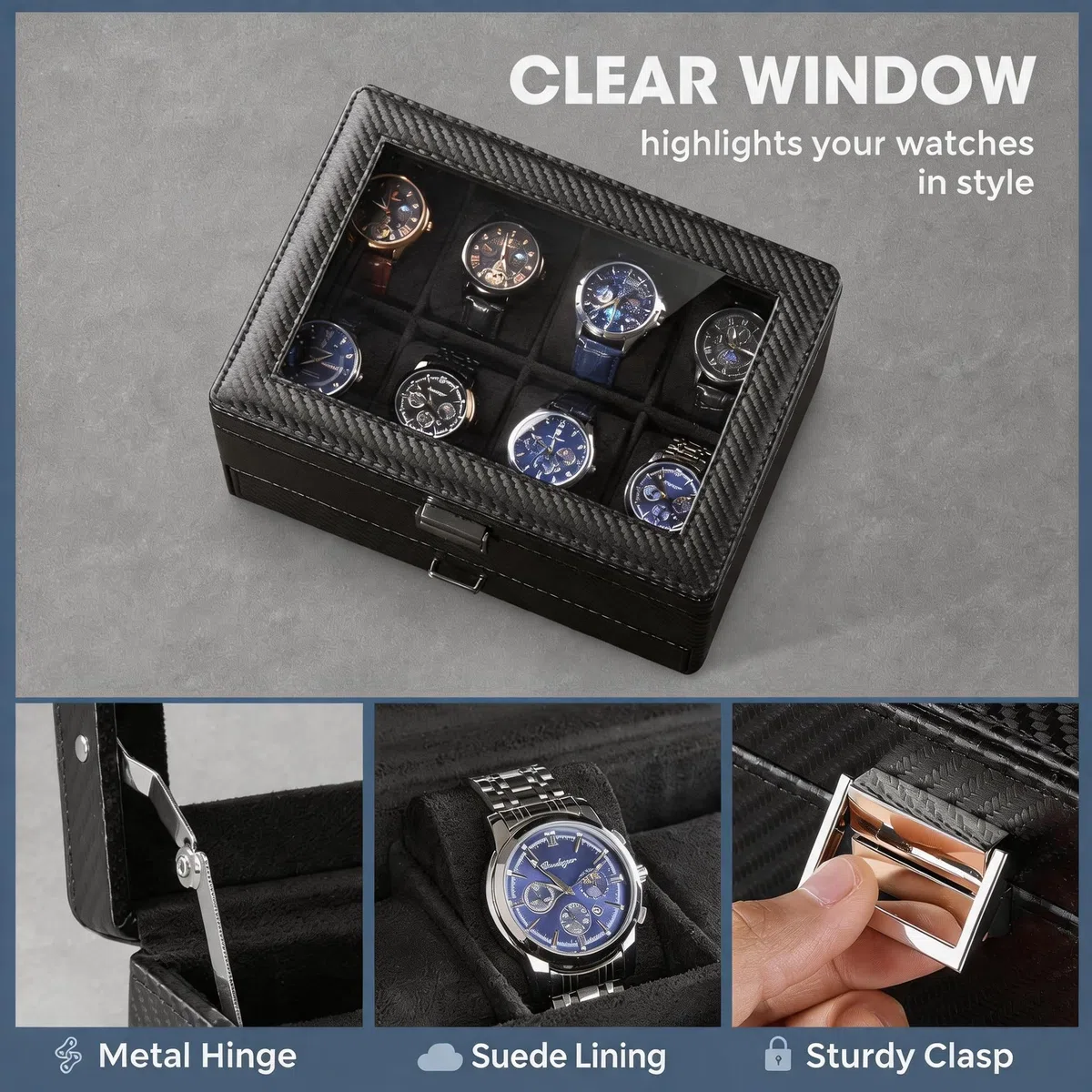 ProCase 8 Slot Scatola Orologio per Gli Uomini, Gioielli Organizzatore Scatola con Cassetto, Mostra Custodia con Coperchio di Vetro -Tutto Nero