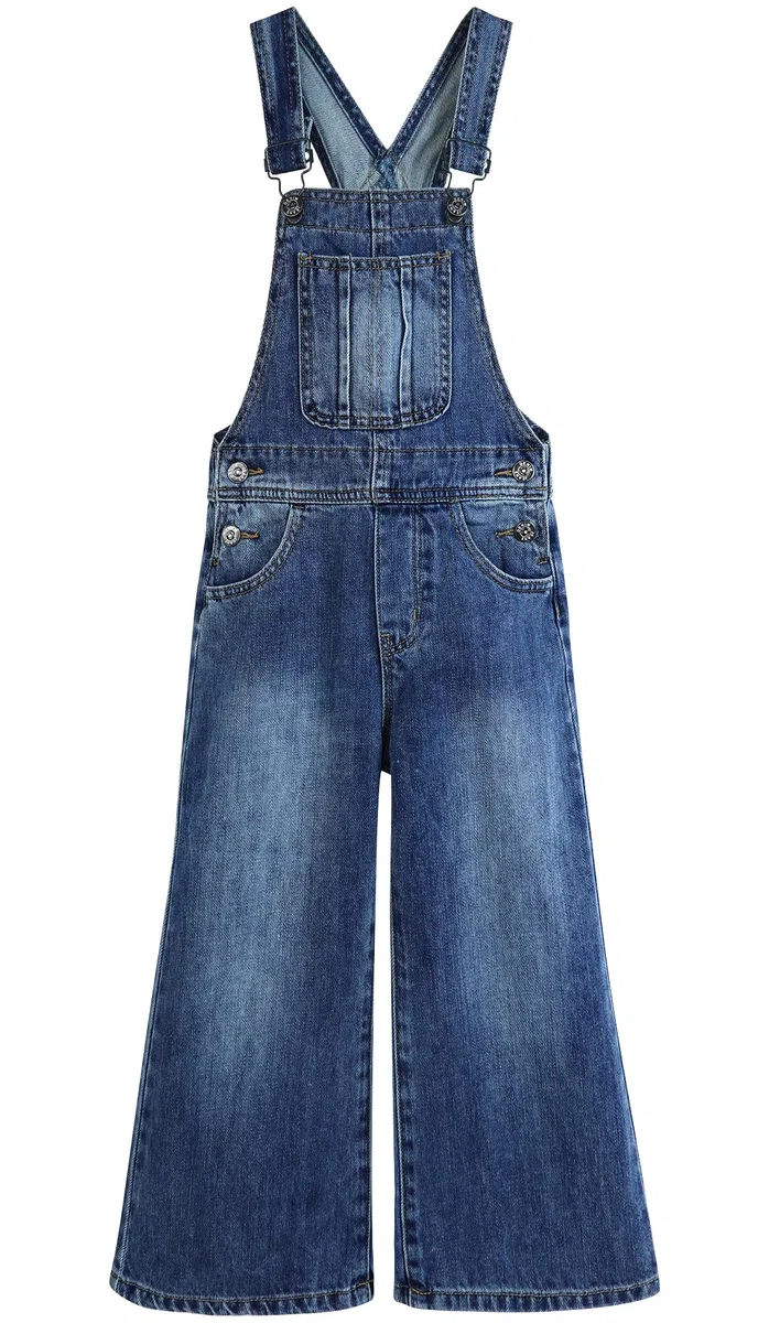 KIDSCOOL SPACE Salopette di jeans per ragazze, pantaloni svasati con gamba larga elastica per bambini piccoli e grandi