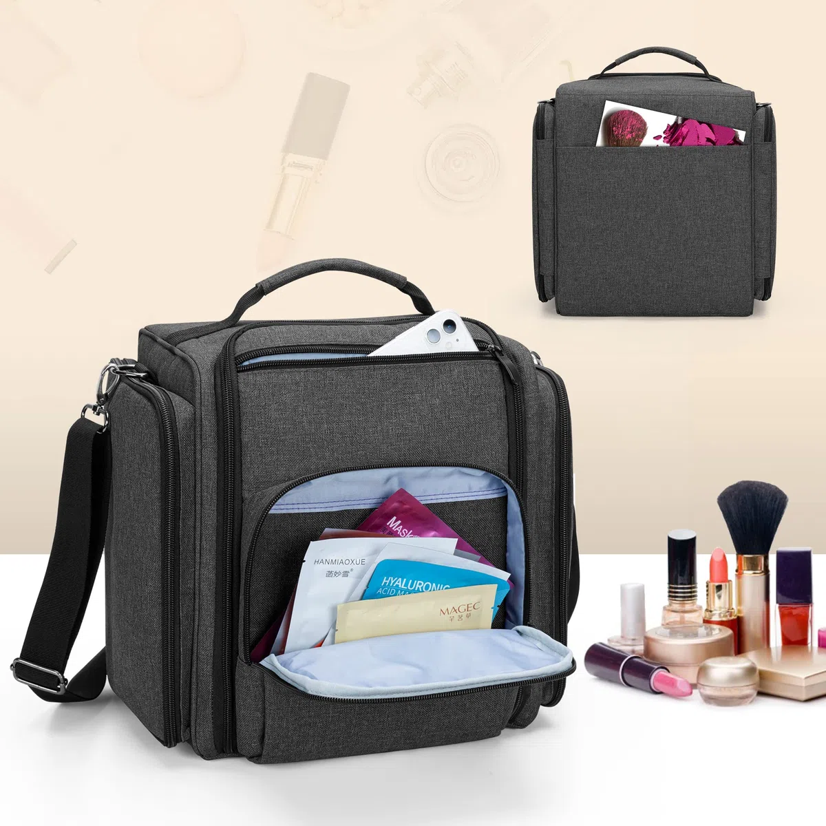 BAFASO Borsa per Trucco con 4 Tasche Interne Rimovibili, Borsa per il Trucco da Viaggio, Borsa per Cosmetici, Nero