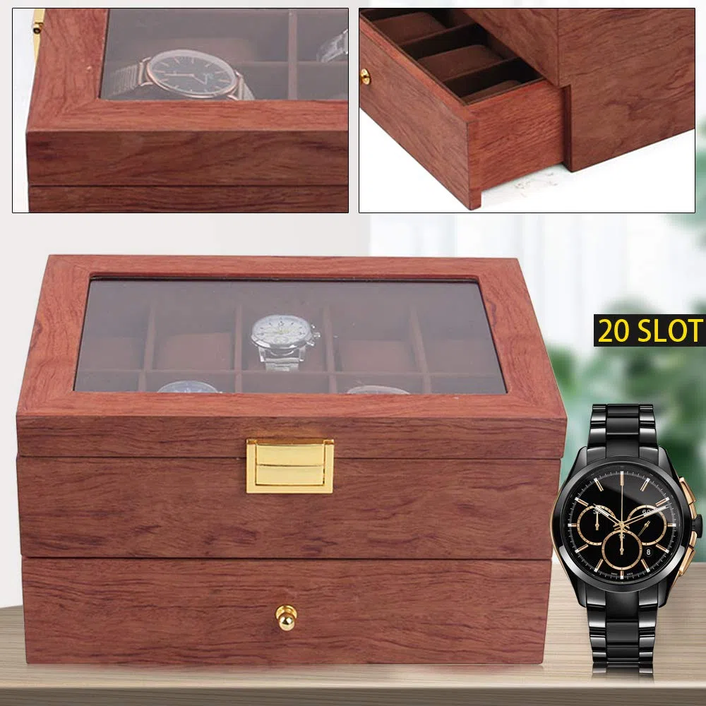 Scatola per orologi in legno massello, scatola per orologi da uomo/donna, con coperchio in vetro, 20 scomparti 2 piani