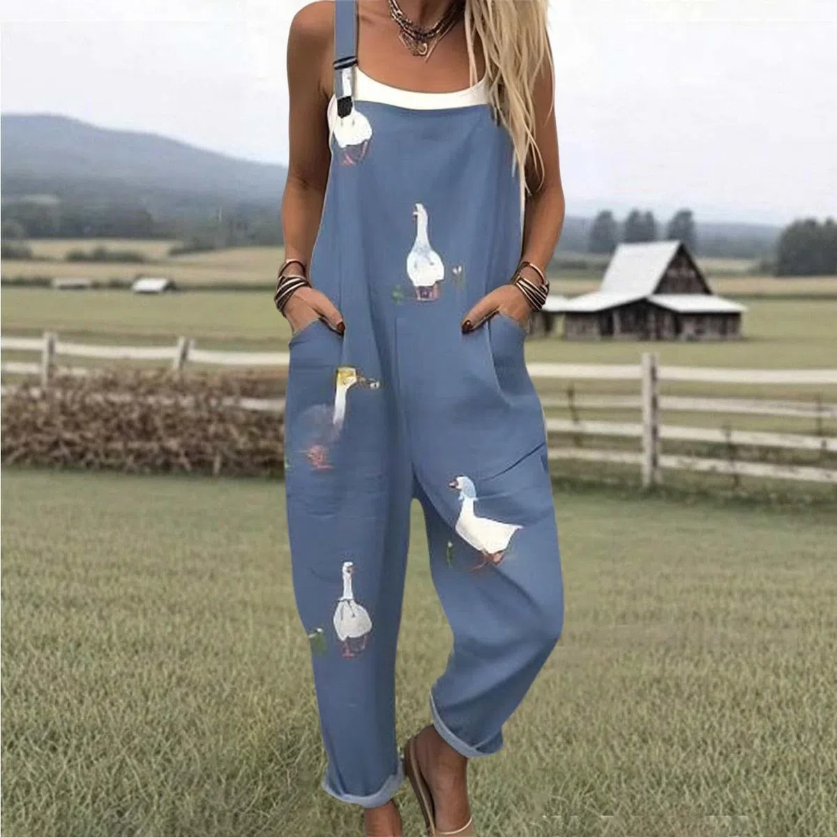 Generico Salopette Donna Estiva Lunga Elegante Tuta Jumpsuit Intera Curvy Casual Moda Stampa Jumpsuits Comoda Larga Pantaloni Da Lavoro Con Tasca Leggera Baggy Salopettes da Casa, Playsuit Mare