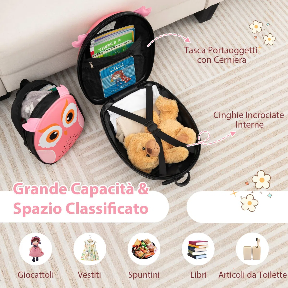 COSTWAY Set di Valigia per Bambini, 16" Valigia+ 12" Zaino, 2 Pezzi, con Ruote e Maniglia Retrattile, Ideale per Viaggiare in Modo Comodo e Divertente (Modello 2)