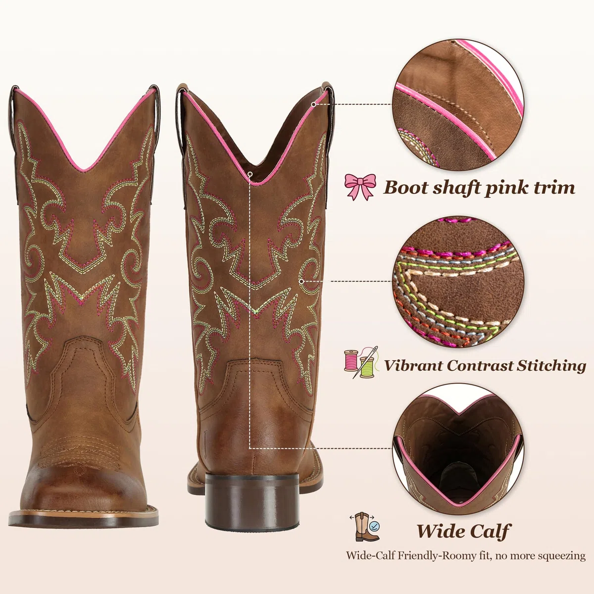 J's.o.l.e Stivali da cowboy da donna, stile western, metà largo, punta quadrata, stivali da cowgirl, per equitazione, scarpe ricamate