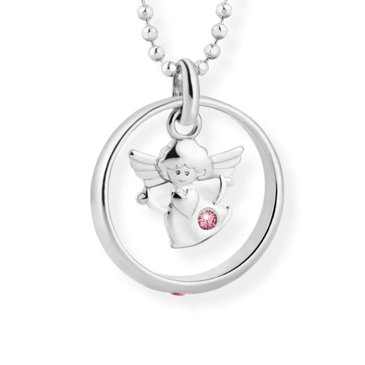 fish Collana Bambina In Argento Sterling Con Ciondolo Angelo E Cristallo Rosa Per Battesimo